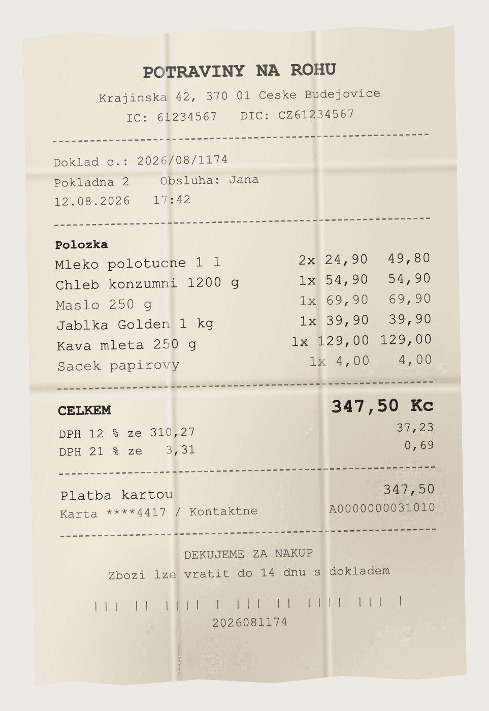 Vzorová účtenka obchodu POTRAVINY NA ROHU s položkami nákupu, rozpisem DPH a platbou kartou.