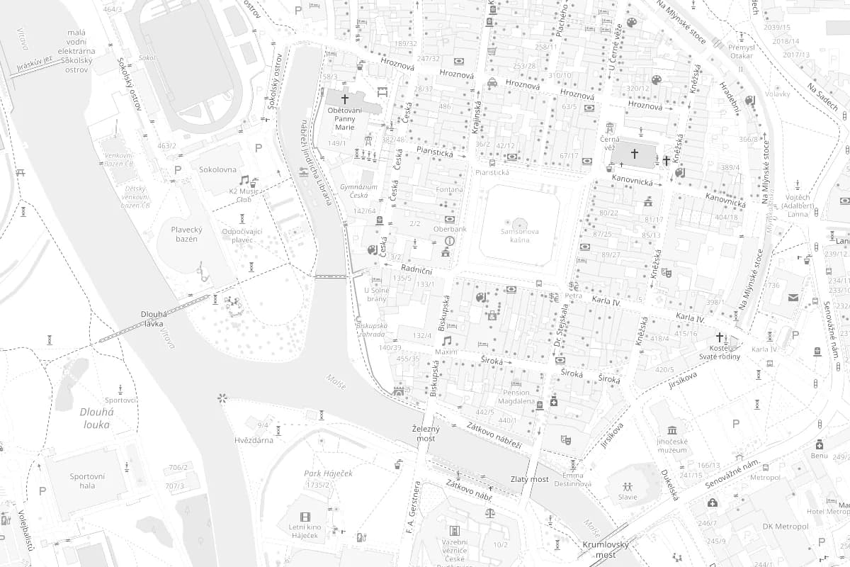 A map of the centre of České Budějovice with the office at Radniční 133/1 marked